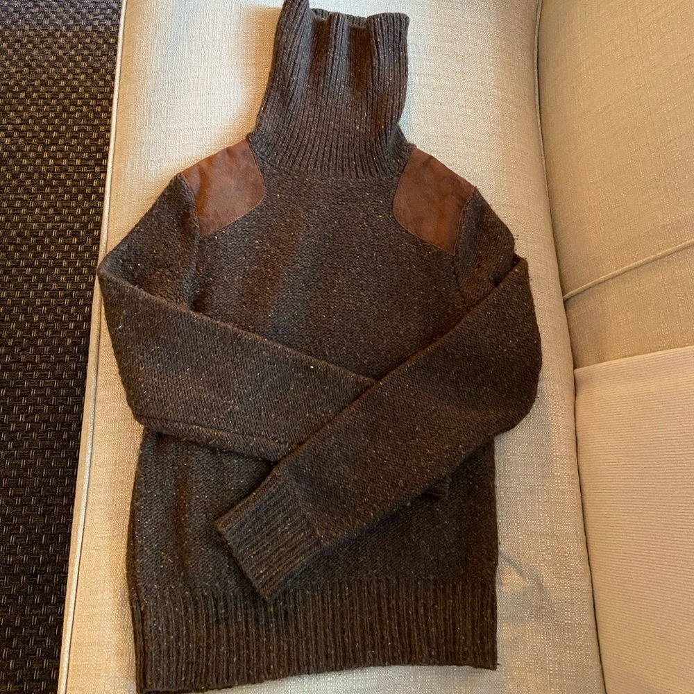 Ralph Lauren Speckled Brown Turtleneck Sweater with Suede Shoulder Patches